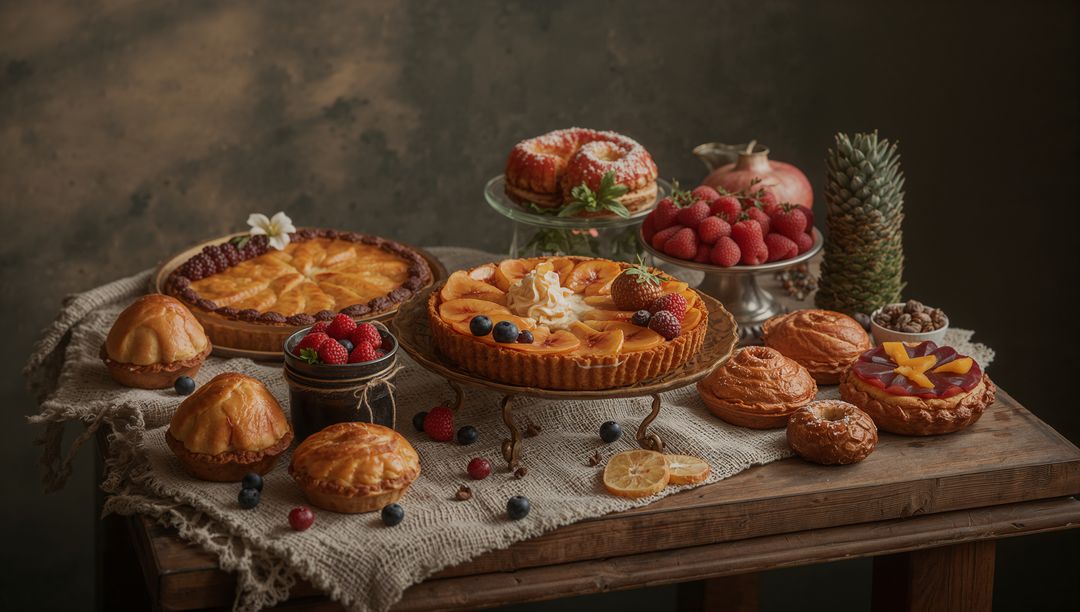 Rustic Dessert Table Display with Variety of Fresh Baked Goods