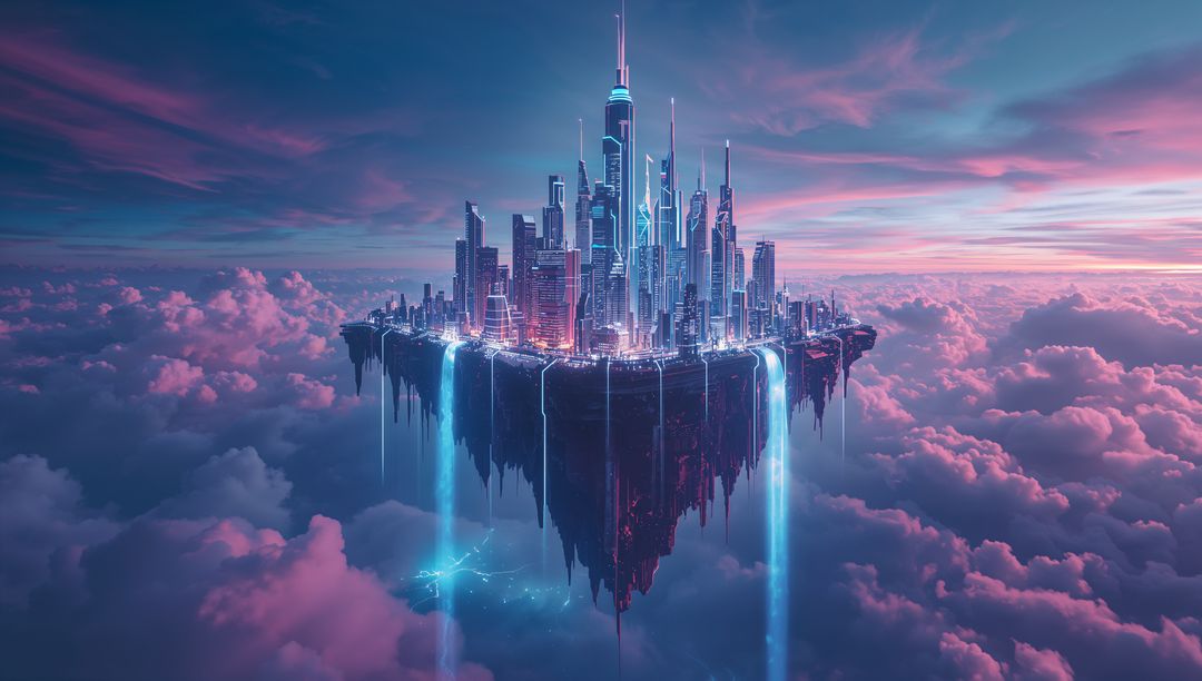 Futuristic Island Cityscape Hovering Above Clouds at Twilight