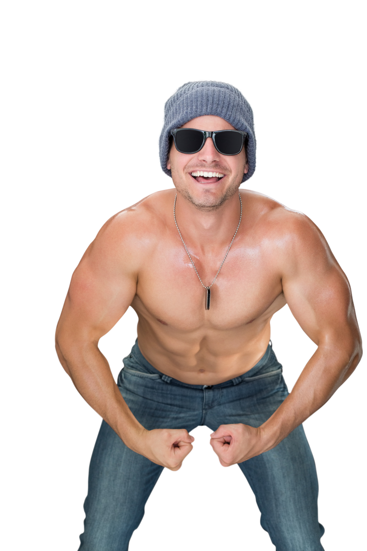 Shirtless Caucasian Man Flexing Muscles in Jeans Isolated on Transparent Background - Download Free Stock Images Pikwizard.com