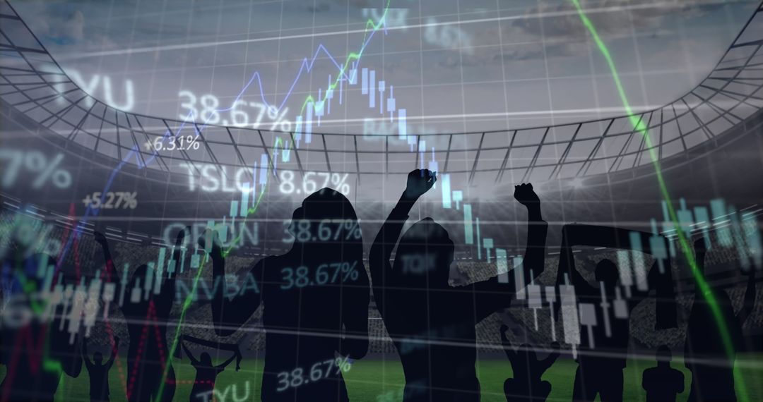 Silhouettes of Fans Celebrating with Dynamic Mixed Media Overlay