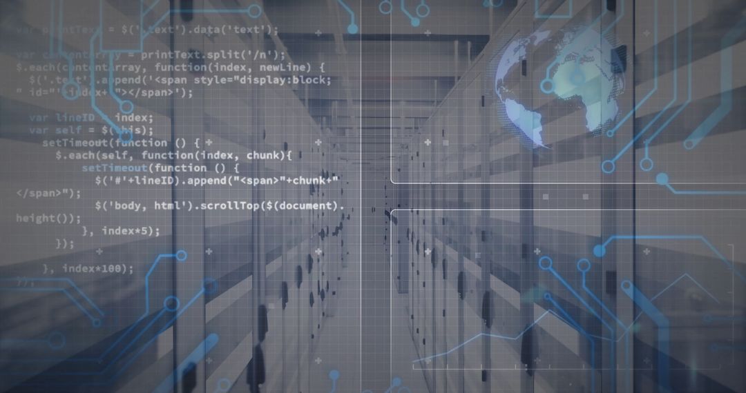 Futuristic Data Center with Code Overlay and Holographic Globe