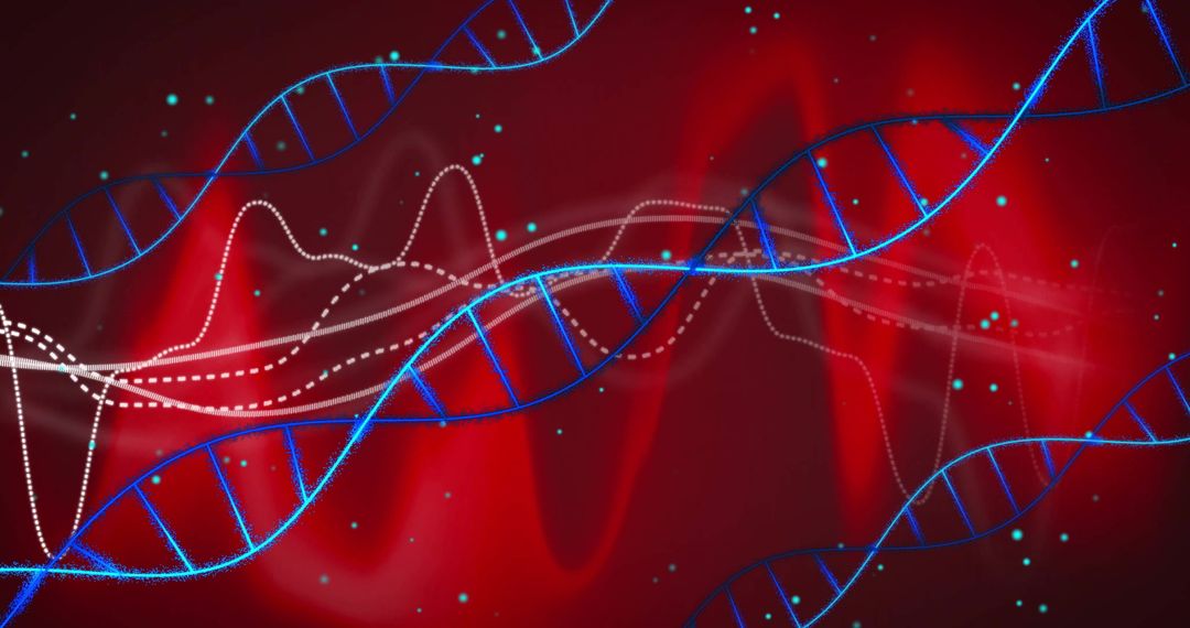 DNA Helix on Digital Red Background with Data Contours