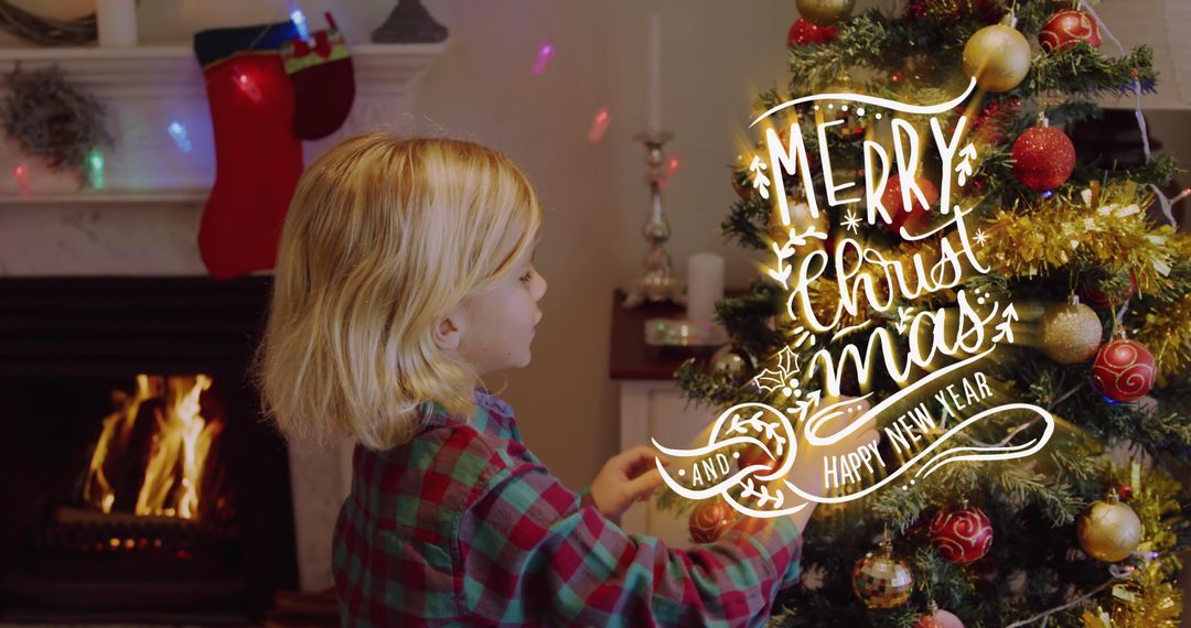 Festive Child Decorating Christmas Tree with Merry Christmas Text Overlay