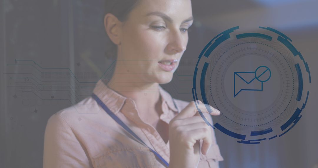 Female Technician Analyzing Digital Data Interface in Server Room