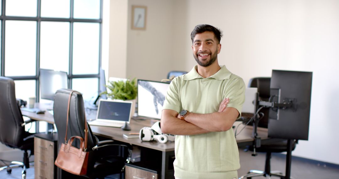Confident Professional Smiling in Modern Office with VR Headset