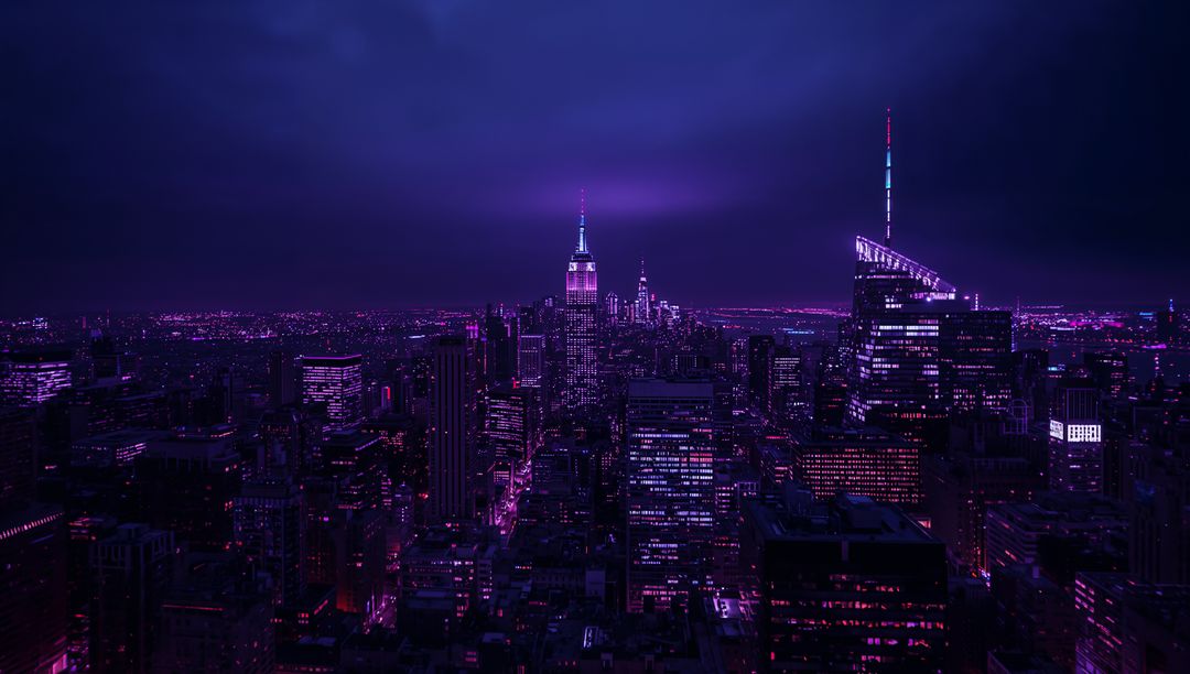 Futuristic Cityscape with Neon-Illuminated Skyscrapers at Night
