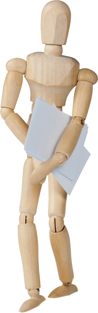 Transparent wooden figurine holding documents