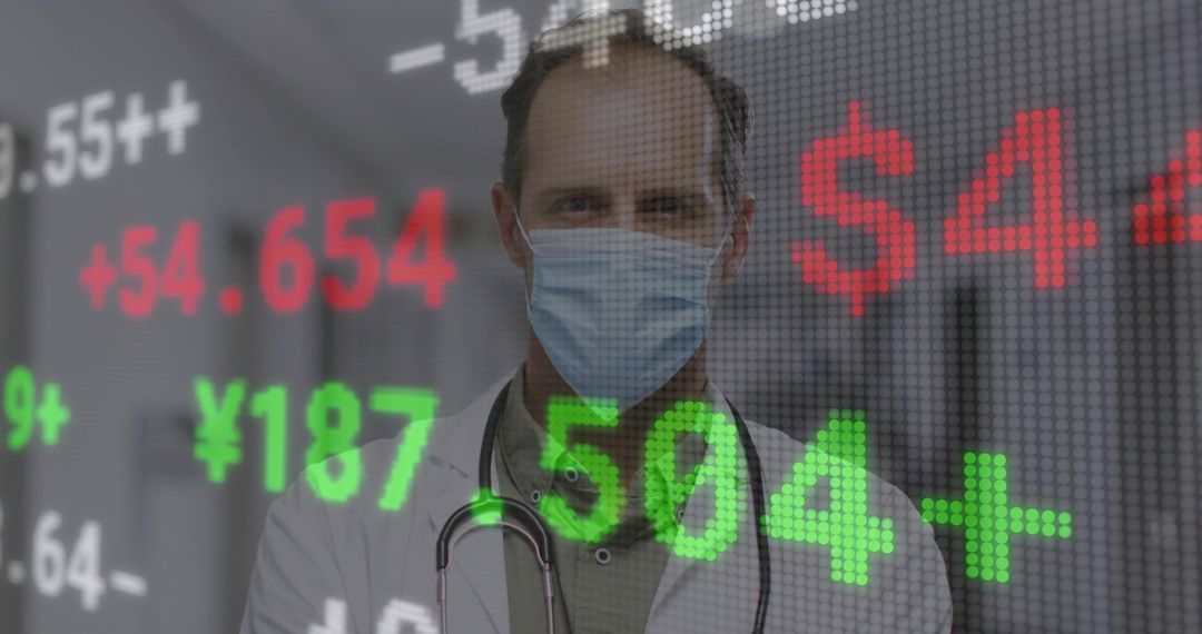 Masked Doctor in Hospital with Stock Market Data Overlay
