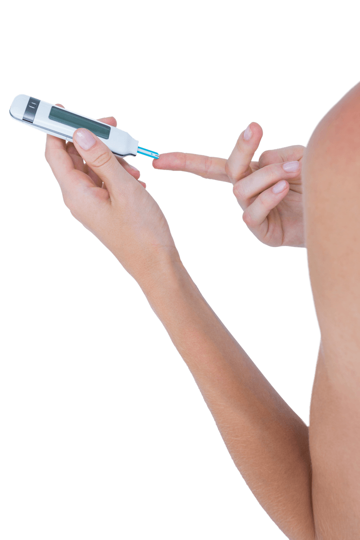 Close-Up of Woman Checking Blood Sugar with Transparent Background