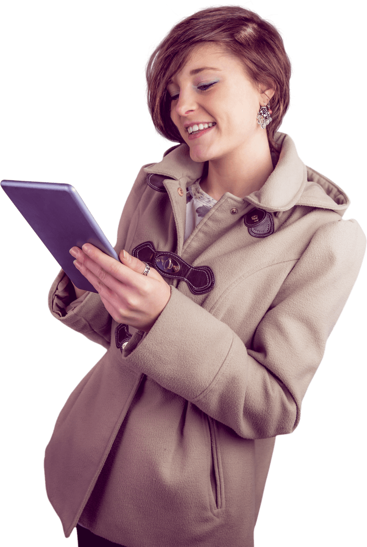 Smiling Woman in Winter Coat Using Tablet on Transparent Background