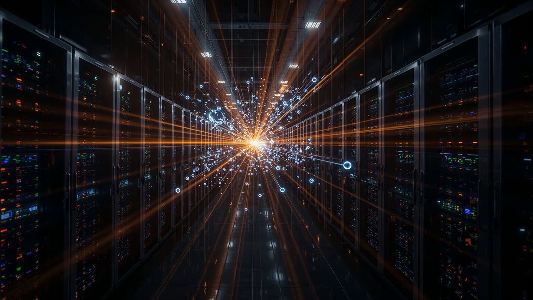 Glowing Data Stream Amidst Futuristic Server Racks