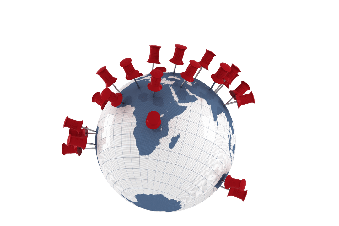 Transparent Globe with Red Pushpins Signifying Global Locations