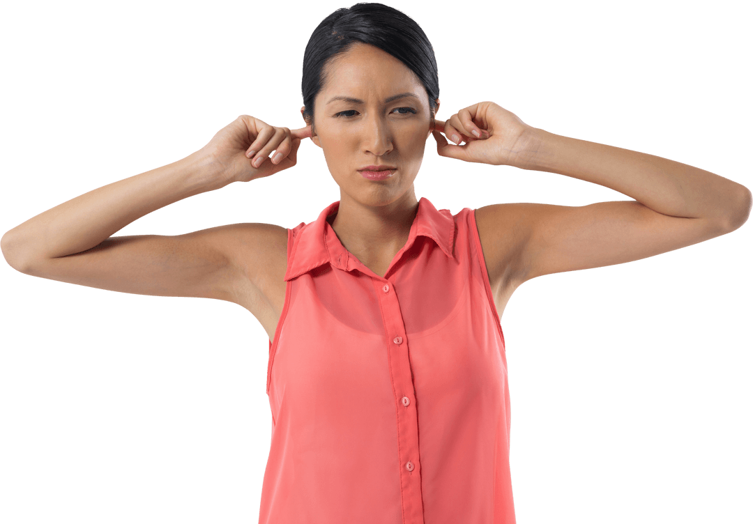 Presenting Annoyed Woman Covering Ears with Transparent Background