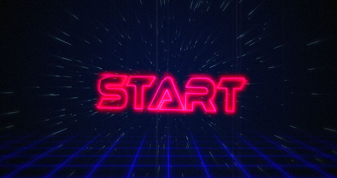 Retro Start Button in Glitch Effect with Grid and Hyperspace Background