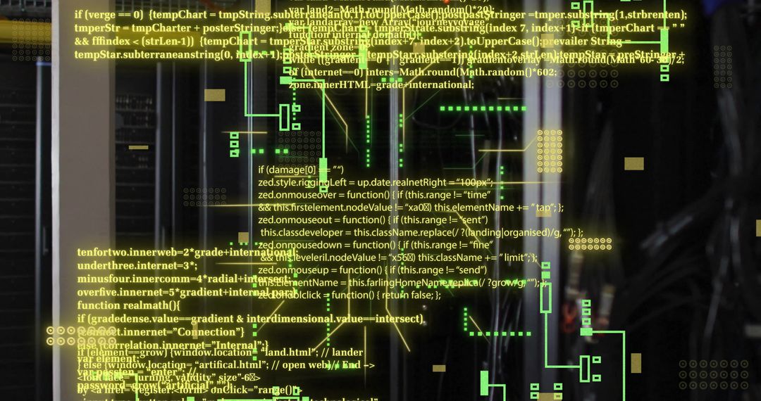 Digital Data Circuit Board Displayed Over Server Towers