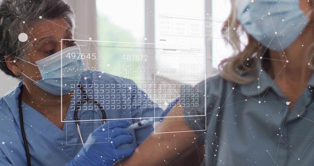 Nurse Administering Vaccine with Digital Data Overlay at Health Clinic