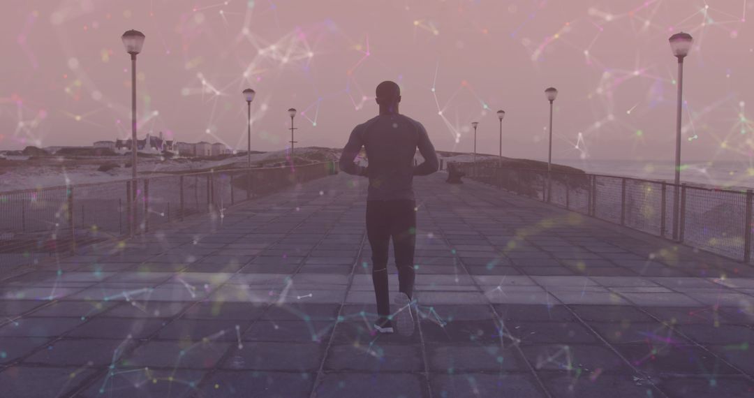 Man Exercising on Promenade Against Digital Overlay