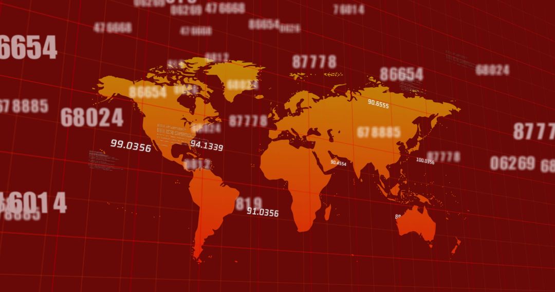 World Map with Digital Data on Red Background