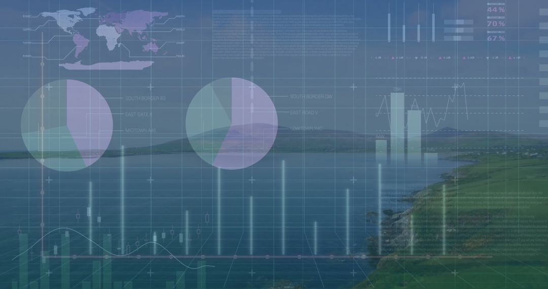 Futuristic Data Visualization Overlay on Coastal Landscape