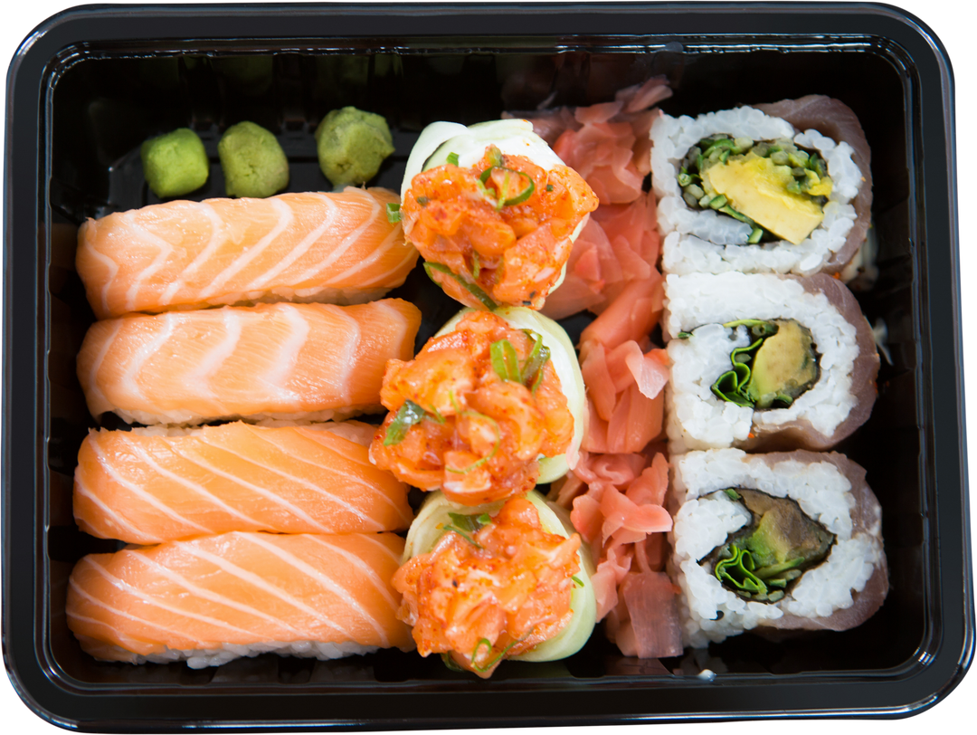 Close Up of Transparent Sushi Tray with a Variety of Fresh Sushi - Download Free Stock Images Pikwizard.com