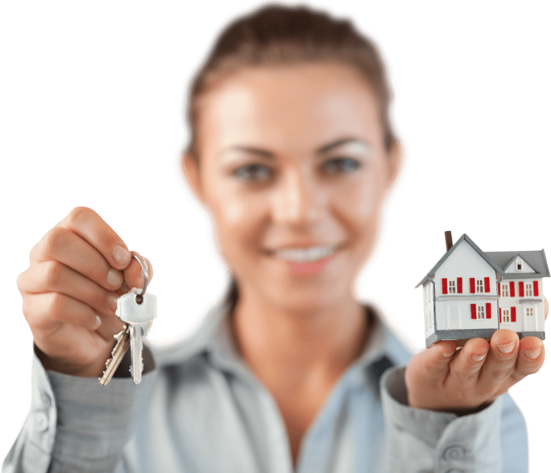 Transparent Background Female Estate Agent Holding Keys and Model House