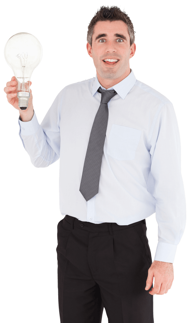 Confident Businessman Holding Bright Idea Light Bulb