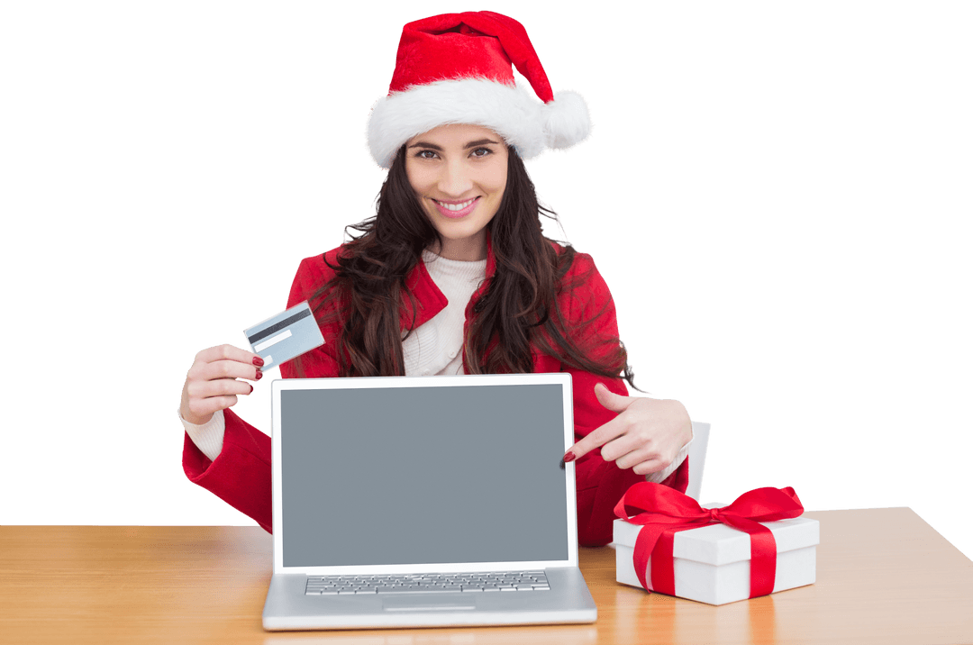 Smiling Woman in Santa Hat with Laptop and Gift - Transparent Background