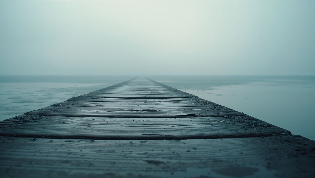Foggy Pier Leading into Misty Waterfront Serenity