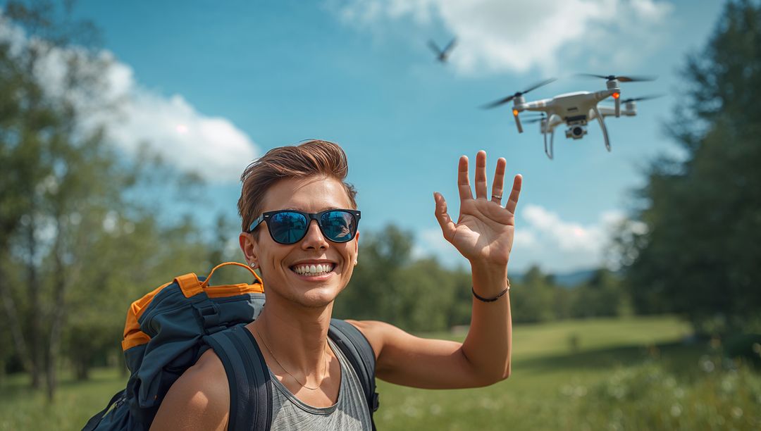 Smiling hiker waving at hovering drone in sunny meadow with backpack and sunglasses
