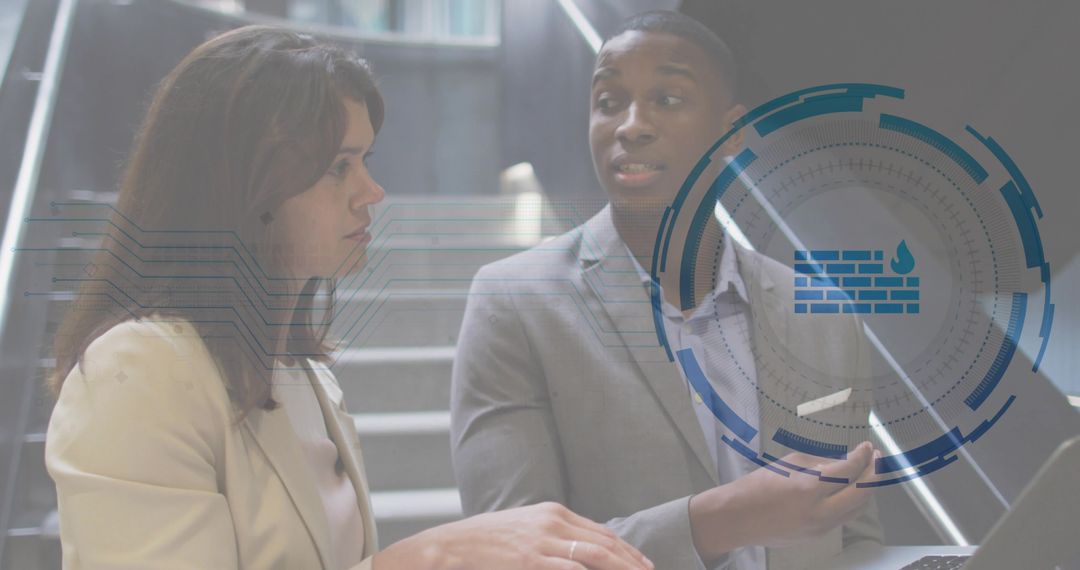 Professionals Discussing Cybersecurity Strategy on Office Staircase with Firewall HUD