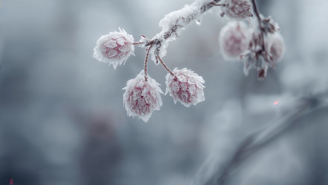 Glittering frosted rose buds hanging on twig, hoarfrost macro, desaturated winter closeup