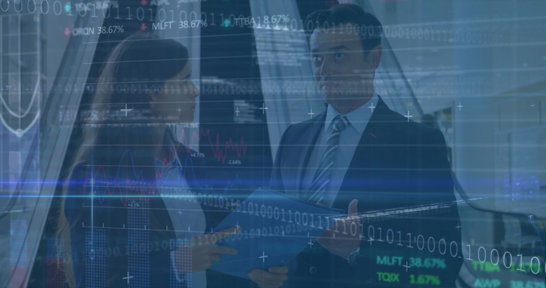 Business Professionals Analyzing Data with Digital Overlay in Office Corridor