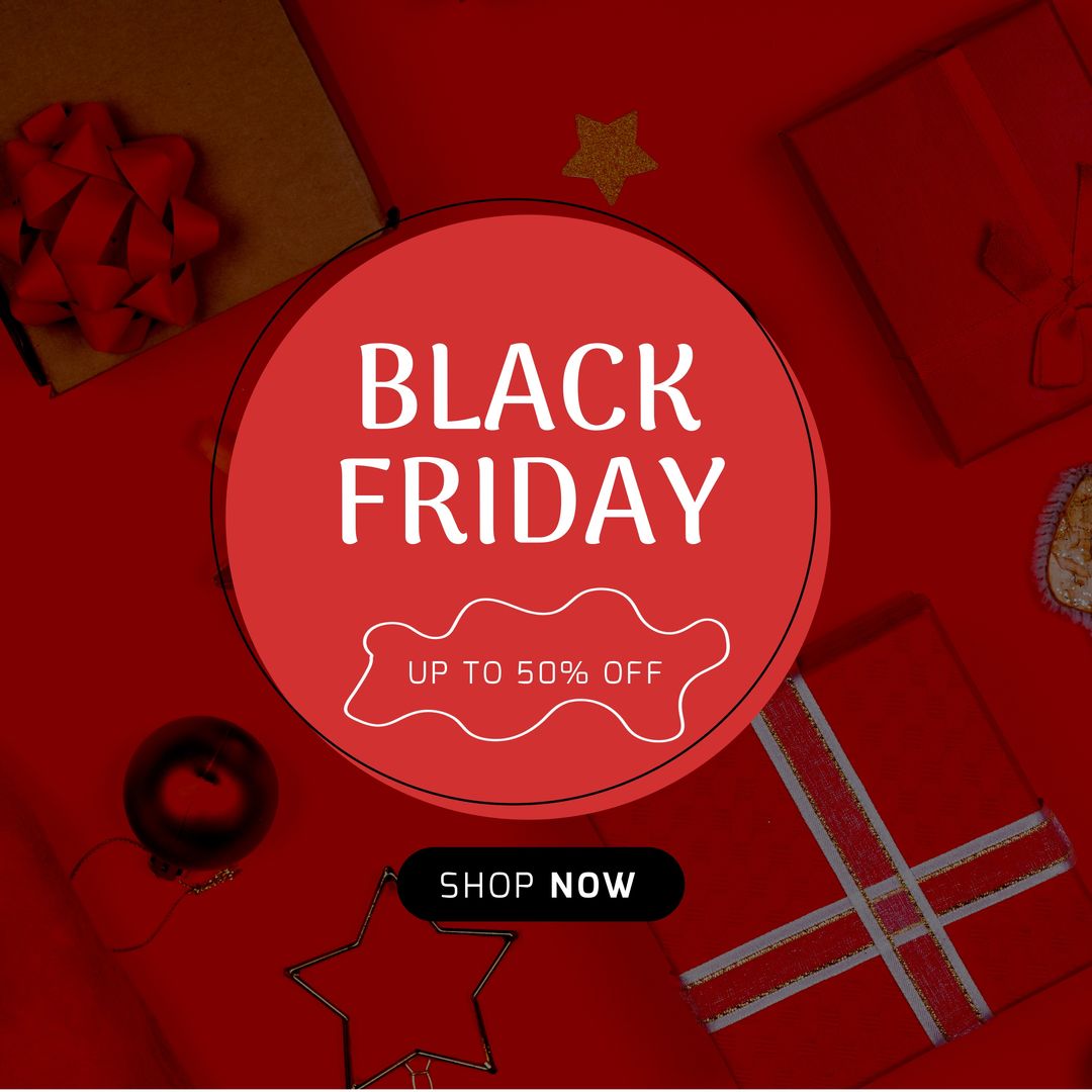 Composition of black friday up to 50 percent off shop now text over presents on red background - Download Free Stock Templates Pikwizard.com