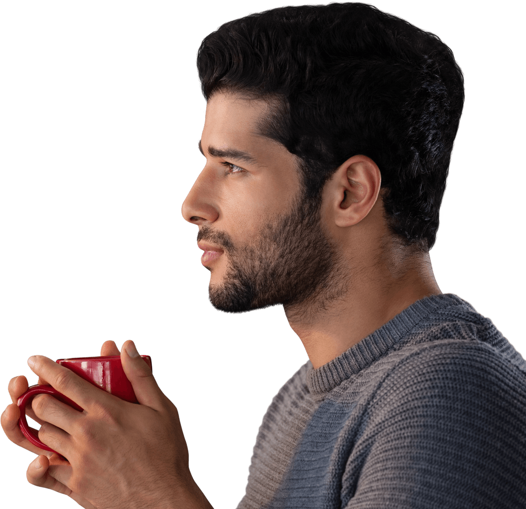 Transparent Profile of Thoughtful Man Holding Red Coffee Cup