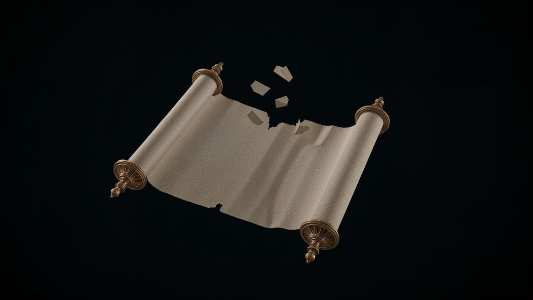 Ancient Floating Scroll with Torn Fragments and Gold Rods