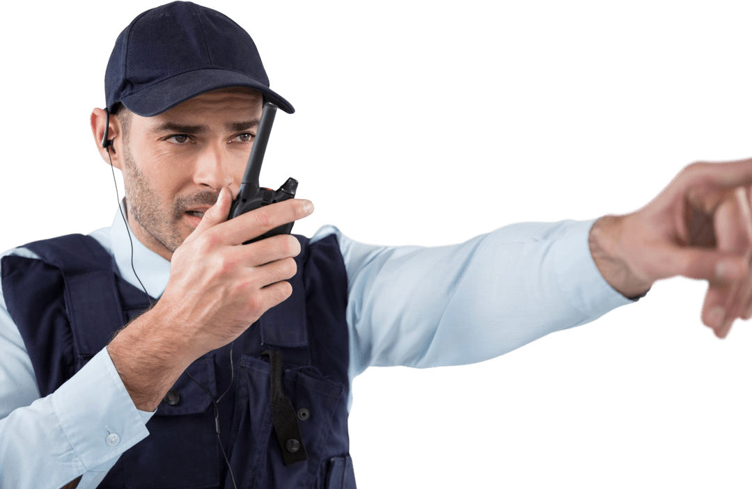 Transparent Security Officer with Walkie Talkie Pointing Away