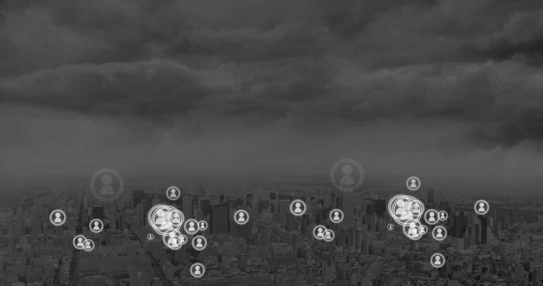 Modern Networking Icons Hovering Over Stormy Cityscape