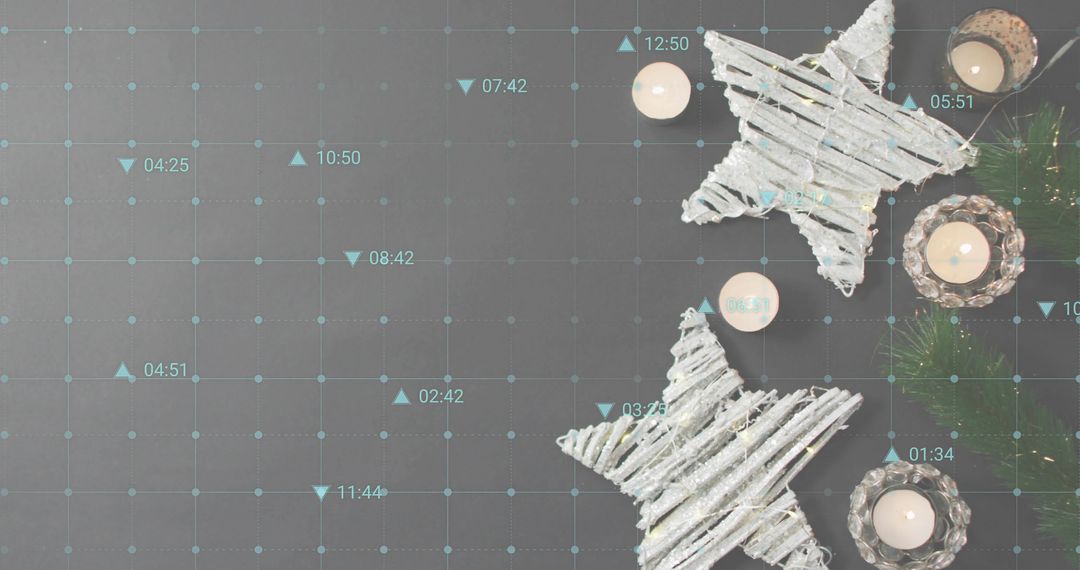 Rustic Christmas stars and candles with teal grid overlay and left copy space