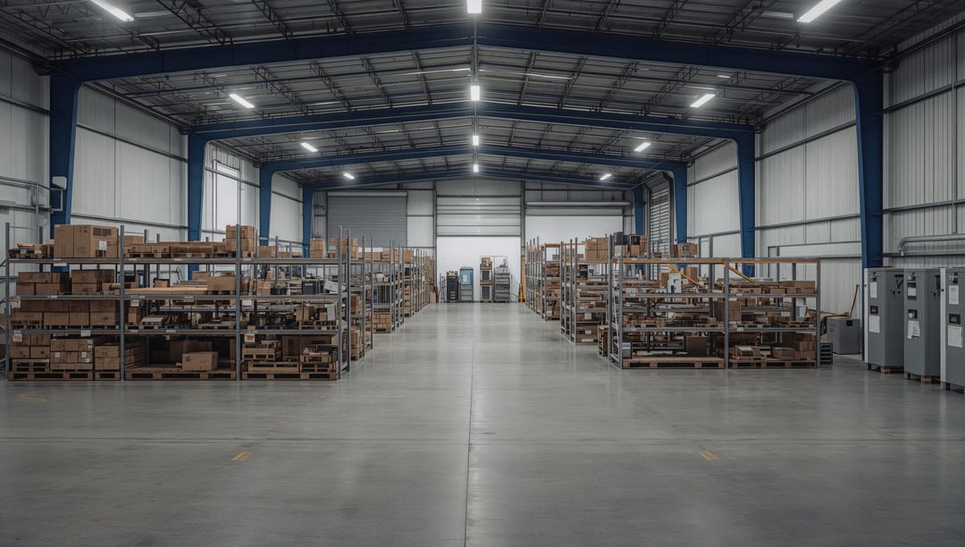 Wide industrial warehouse aisle leading to roll-up loading door with pallet racks