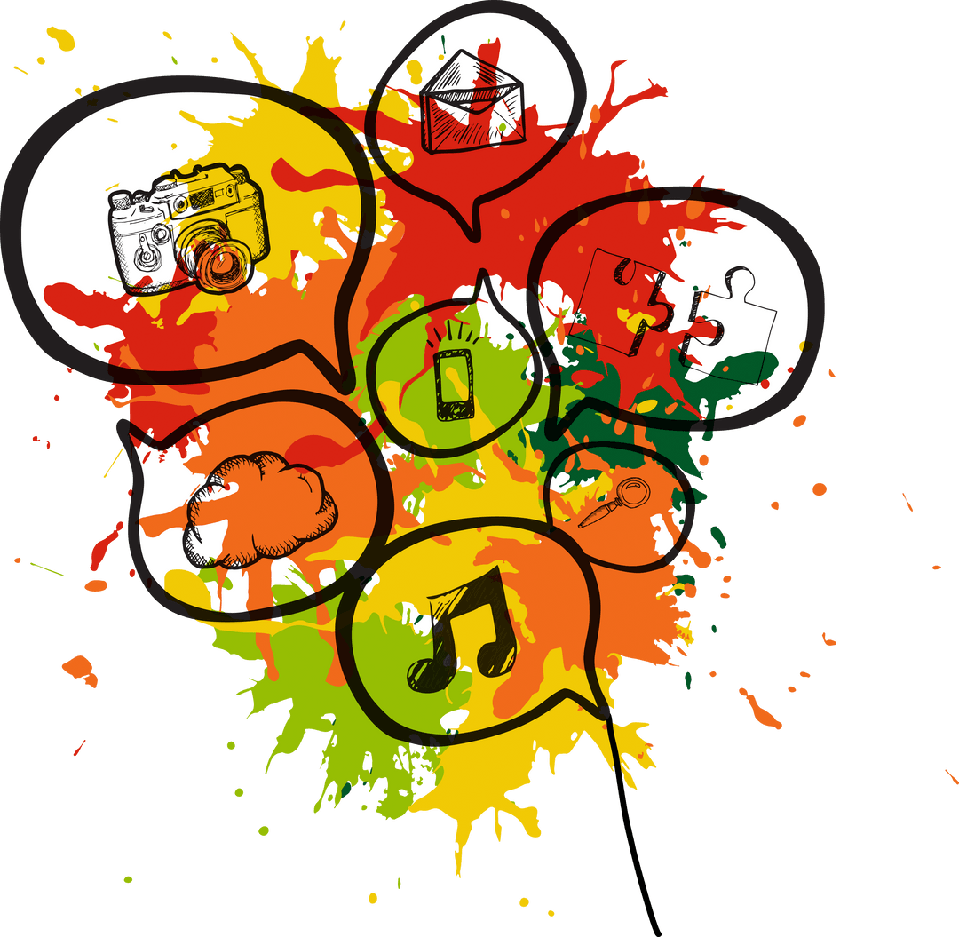 Colorful Illustration Bubbles with Icons on Transparent Background