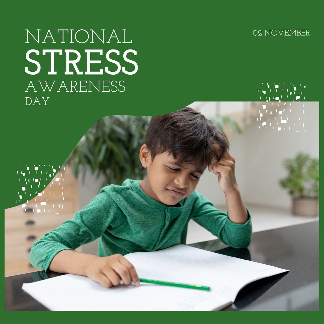 Worried Boy Studying on National Stress Awareness Day Promotion