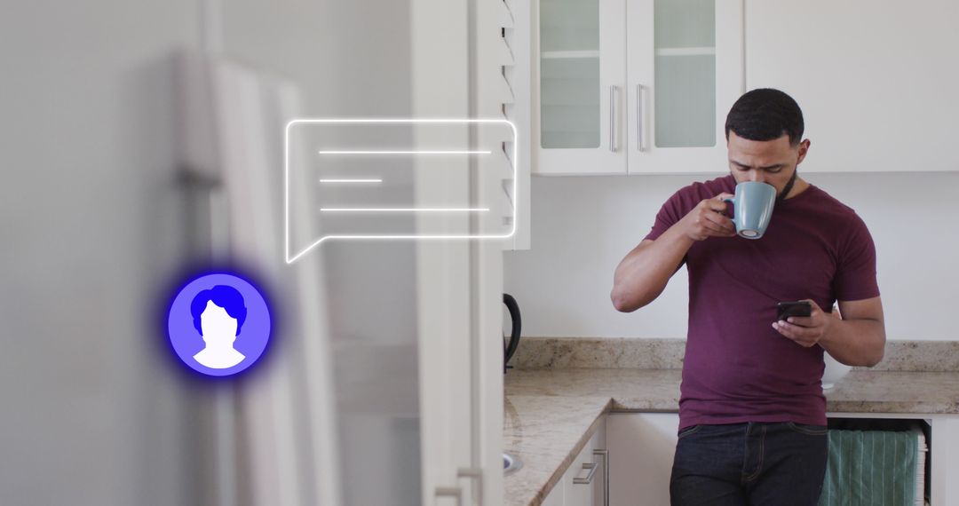 Man Checking Smartphone with Digital Social Media Icons in Modern Kitchen