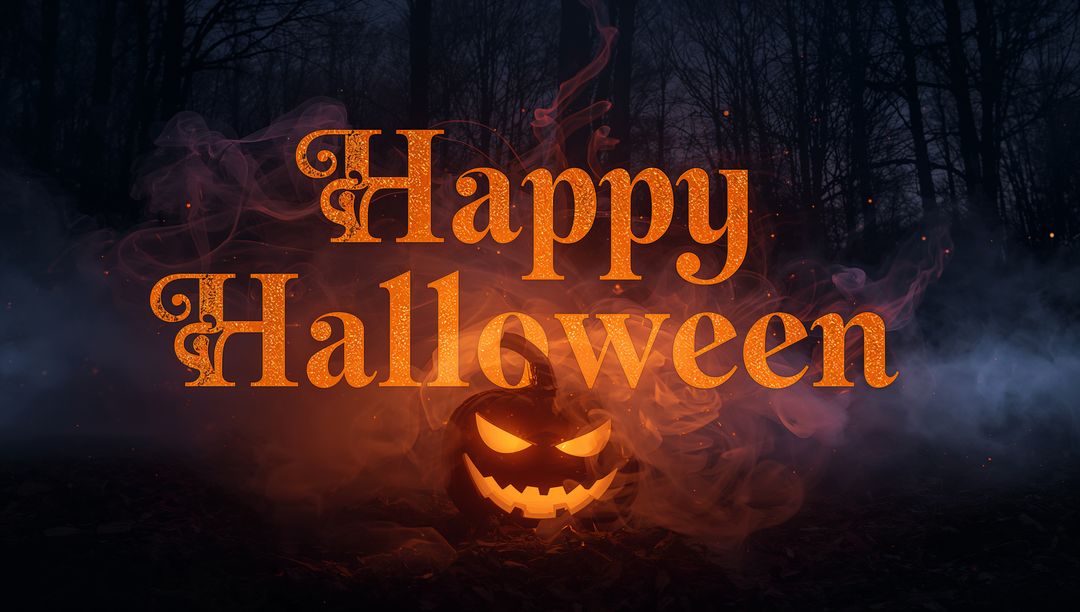 Eerie Halloween Scene with Glowing Jack-o'-lantern in Foggy Forest