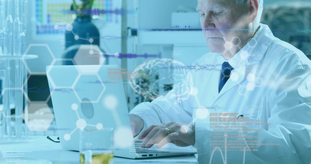 Senior Scientist Analyzing Data on Laptop in Laboratory Environment