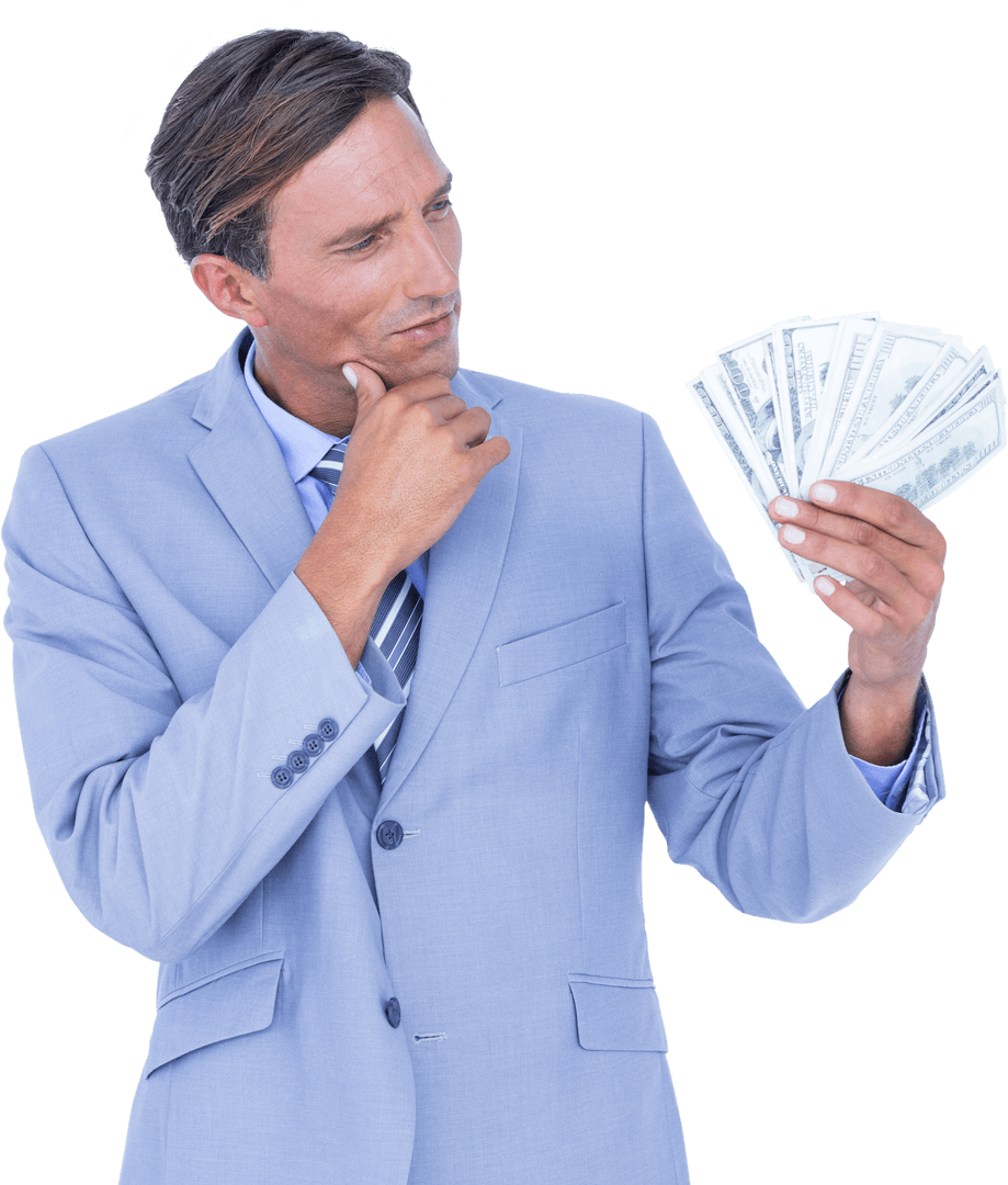Businessman Observing Banknotes with Thoughtful Expression Transparent