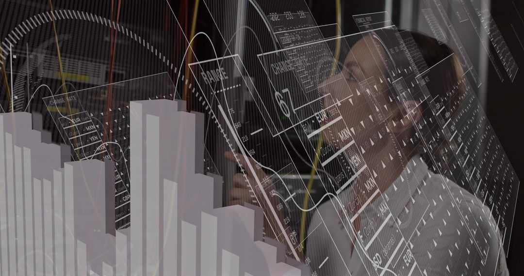 Businesswoman Engaging with 3D Data Visualizations in Tech Lab