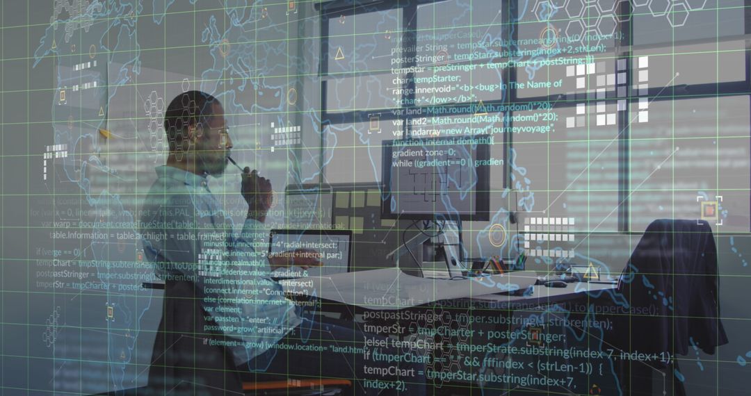 Tech engineer working with code and maps on dual monitors