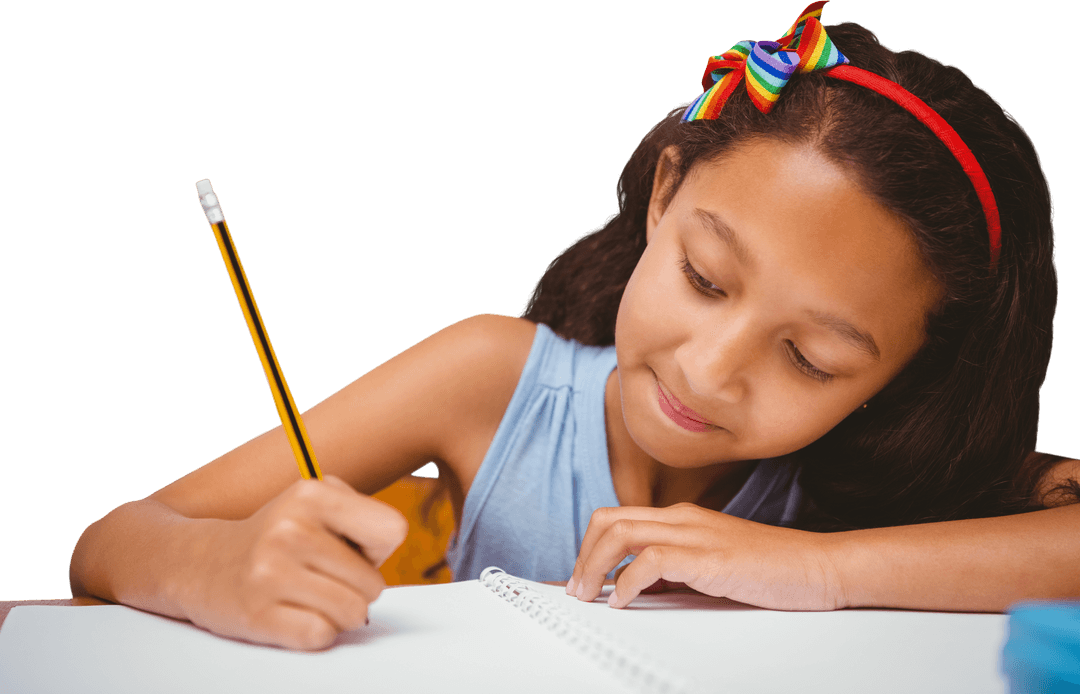 Focused Biracial Girl Writing on Notebook with Transparent Background