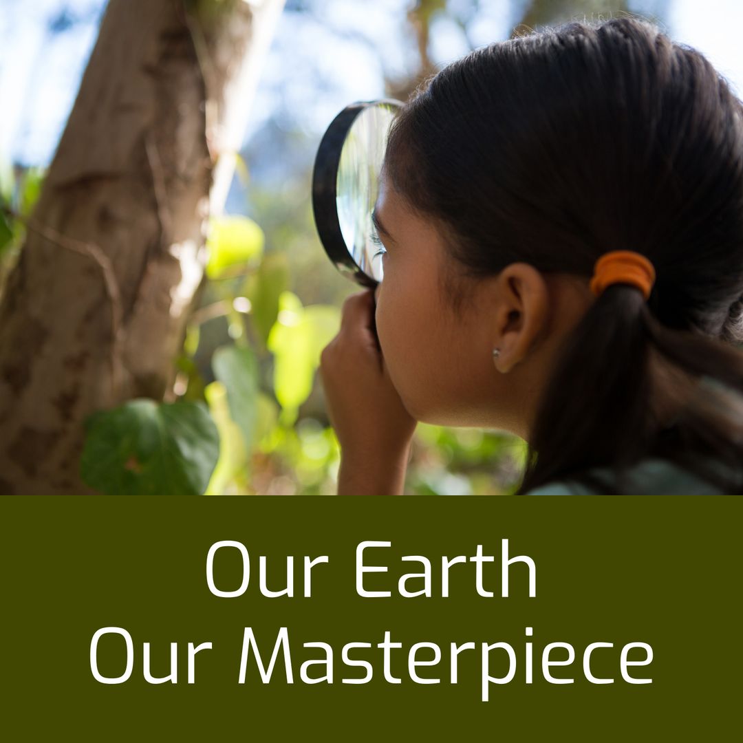 Young Girl Studying Nature with Magnifying Glass in Woods