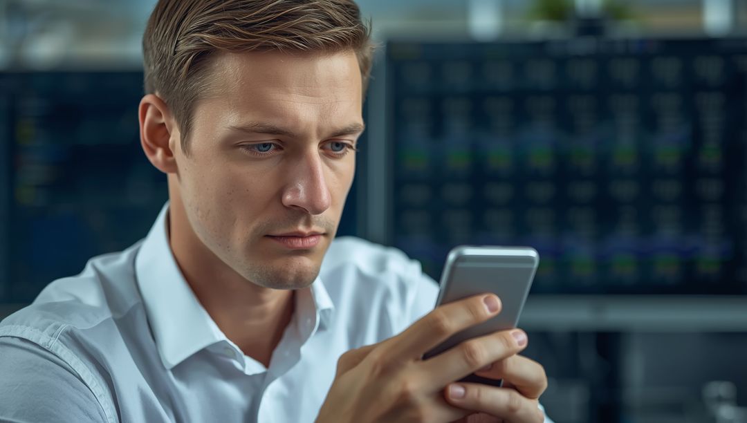 Trader Checking Smartphone with Trading Monitors in Background